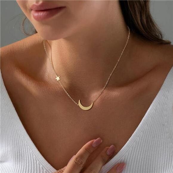 Gold Star & Moon Necklace | 14K Gold Plated Dainty Pendant | Adjustable - Picture 1 of 5